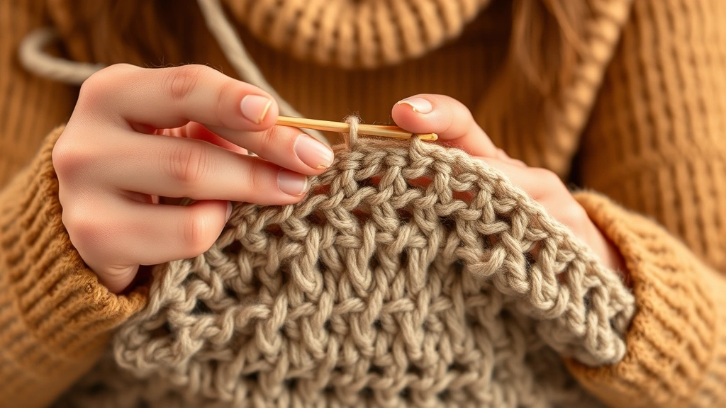 Crocheter's hands working with worsted weight yarn on a crochet hook, showing stitch detail and fabric creation, warm studio lighting