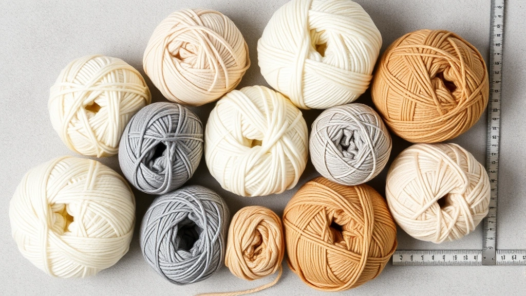 Overhead flat lay of seven different yarn balls arranged in a circle, showing visual progression from thin lace weight to thick super bulky weight, all in neutral colors like cream, gray, and tan, with a measuring tape nearby showing scale