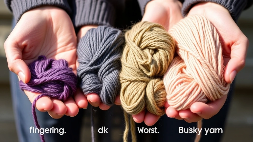 Hands holding different yarn weights simultaneously, demonstrating the thickness difference between fingering, DK, worsted, and bulky yarn, with natural lighting showing texture and drape of each fiber type