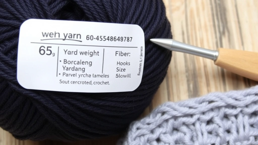Close-up of a yarn label showing weight symbol, yardage, fiber content, and hook size recommendations, with a ball of yarn partially visible and a crochet hook for reference