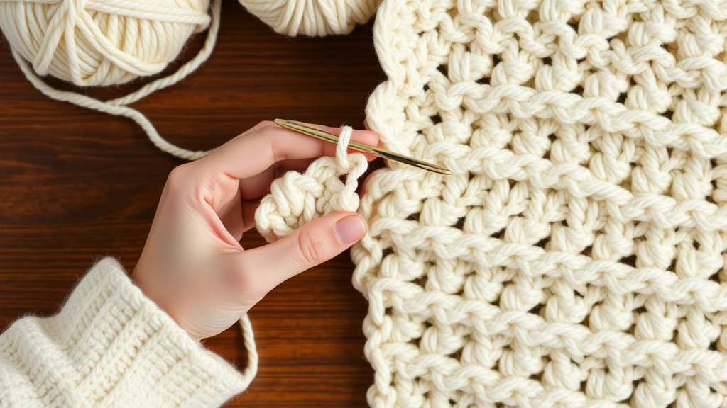 Close-up overhead shot of hands holding crochet hook and light cream-colored yarn, working on a half-double crochet blanket in progress on wooden table