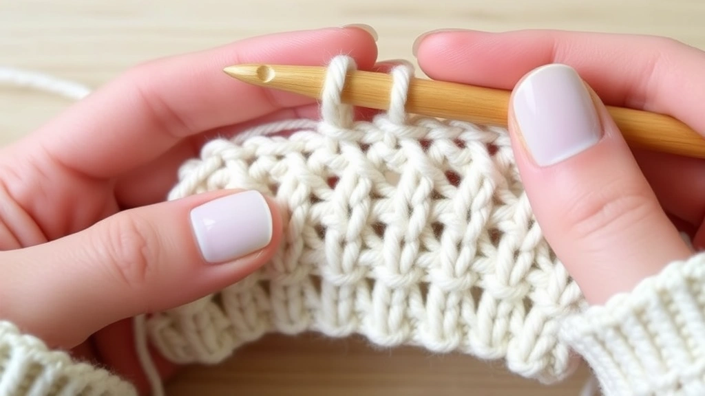 Close-up of hands demonstrating half double crochet stitch with light colored yarn and wooden crochet hook, showing proper hand position and tension