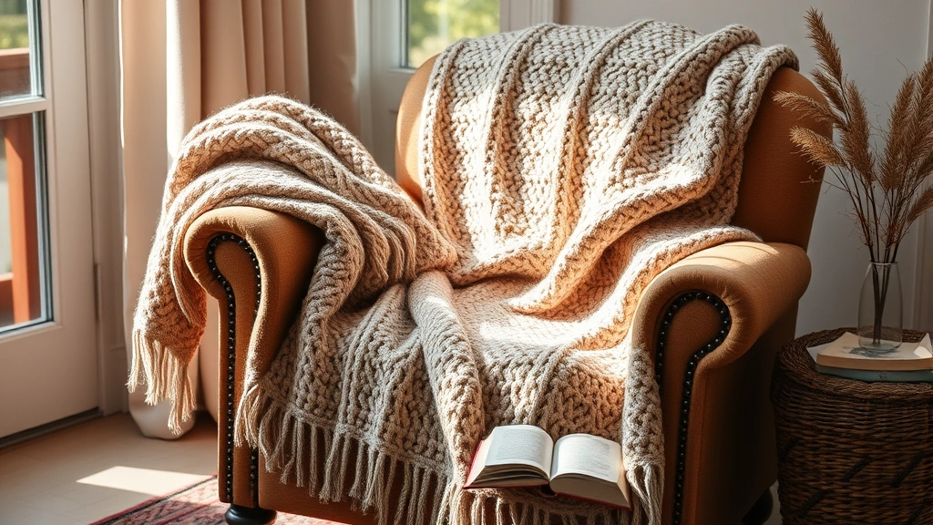 Finished cozy blanket draped over a comfortable armchair with warm natural lighting, cup of tea and a book beside it, inviting and homey aesthetic