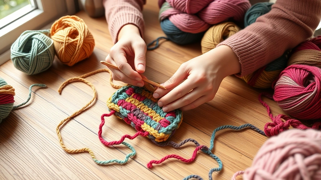 Close-up of hands crocheting with colorful worsted-weight yarn on a wooden table, multiple skeins nearby, natural window lighting, cozy craft space aesthetic