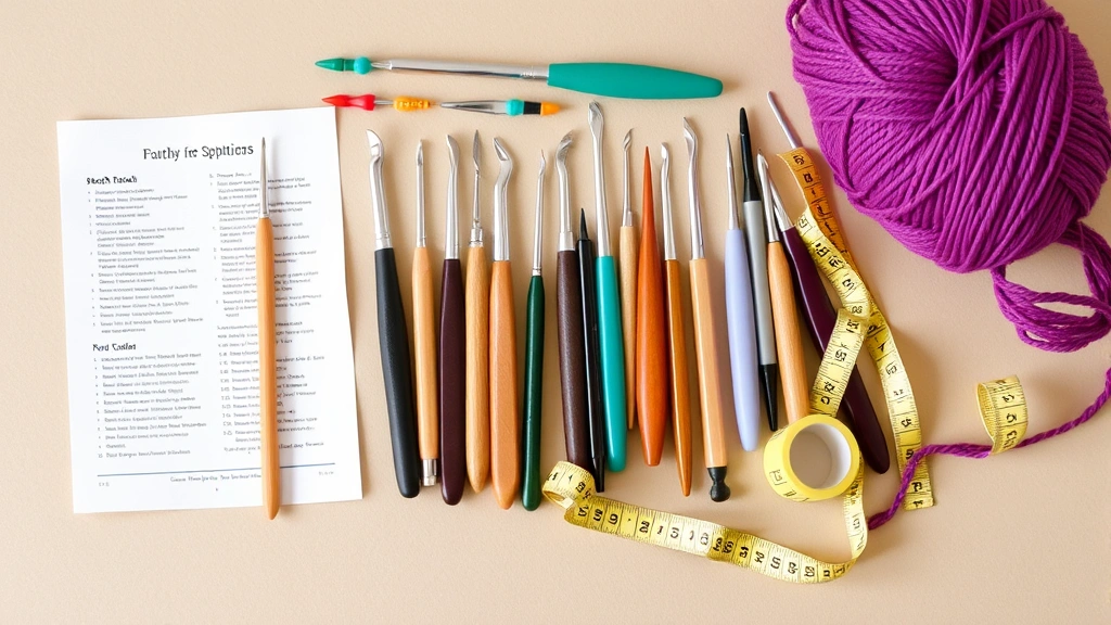 Organized crochet supplies spread out: various hook sizes, stitch markers, yarn needle, measuring tape, and printed pattern on a neutral background, flat lay style