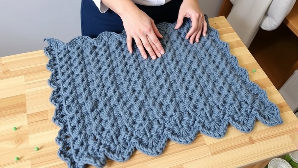 Person blocking a finished crochet blanket on a blocking board with pins, showing the care and finishing touches of a completed handmade project