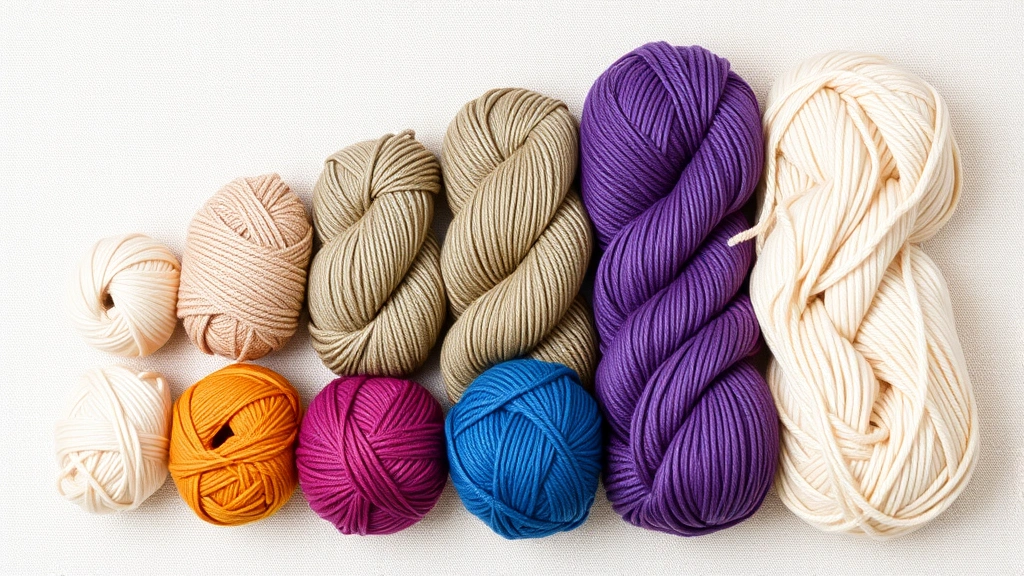 Flat lay of seven different yarn balls arranged in increasing thickness from thin fingering weight to chunky jumbo weight, showing the visual progression clearly with natural lighting and neutral background