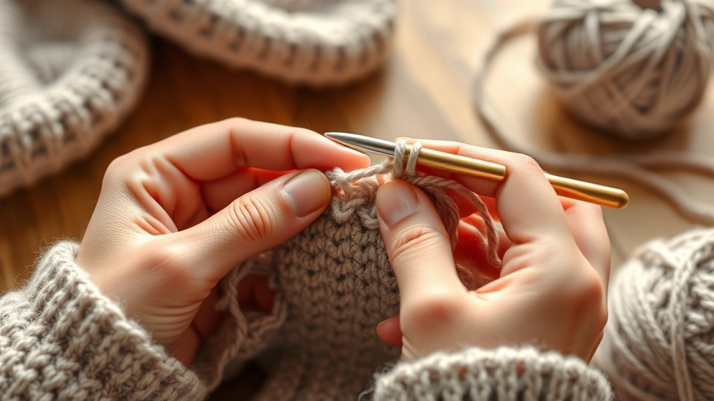 Close-up of hands crocheting with worsted weight yarn on a medium hook, showing clear stitch definition with stitches in progress, warm natural lighting, cozy workspace with yarn ball nearby