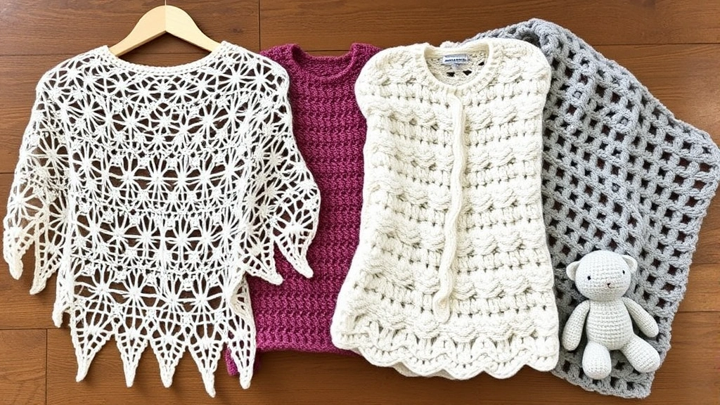 Finished crochet projects arranged together including a delicate lace shawl, a fitted sweater, a chunky blanket, and small amigurumi, showing how different yarn weights create different textures and final looks
