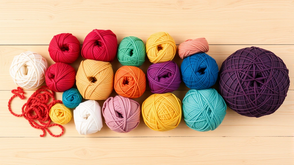 Flat lay of colorful yarn balls in different weights arranged by size, from thin lace weight to chunky bulky weight, natural lighting on wooden surface