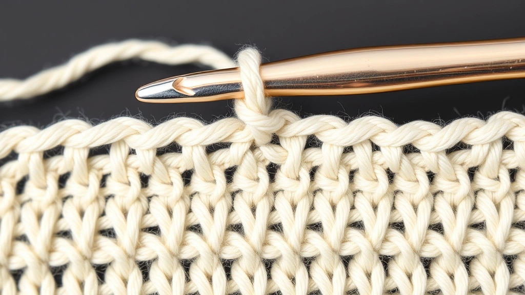 Close-up of a crochet hook inserted into stitches showing clear, even tension and stitch definition with worsted weight yarn in neutral cream color