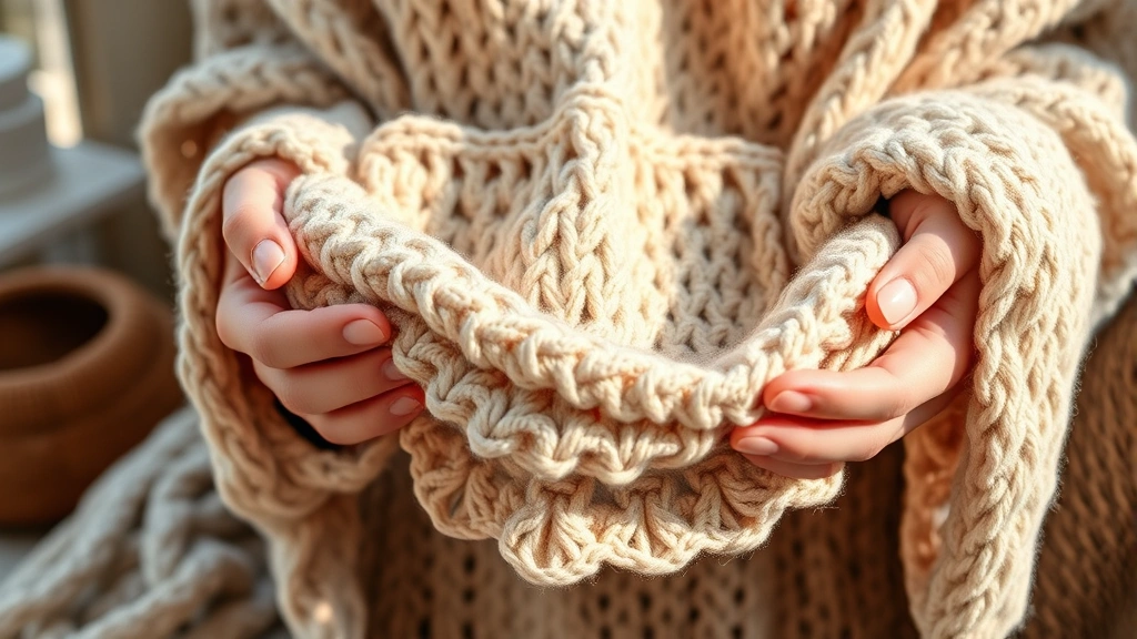 Hands holding a completed crochet blanket swatch showing beautiful drape and texture, soft natural lighting, cozy lifestyle setting