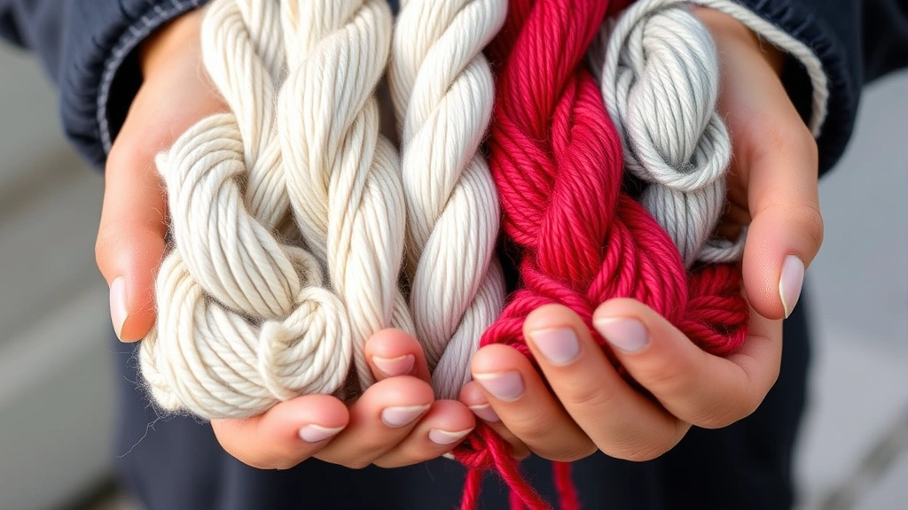 Close-up of hands holding various colorful yarn skeins in different textures and weights, natural lighting showing wool, acrylic, and cotton fibers clearly distinguishable