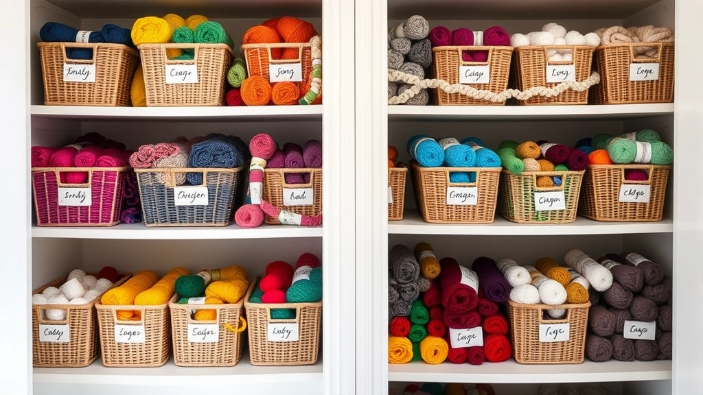 Organized yarn stash with labeled baskets and shelves containing sorted crochet yarn in rainbow colors, cozy home craft room setting with neutral background