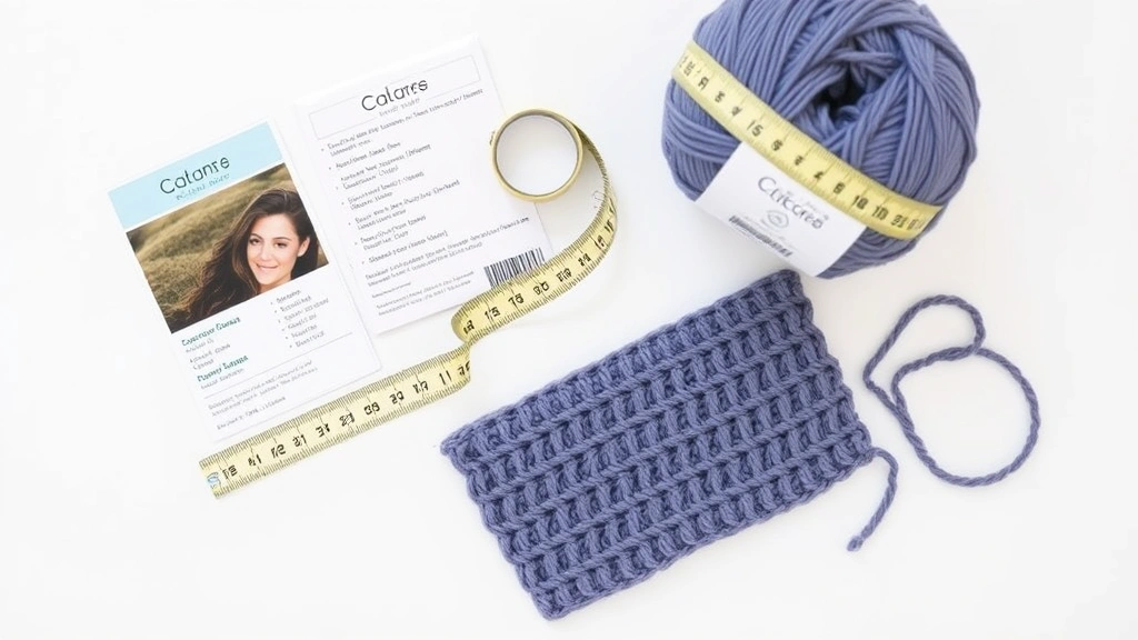 Flat lay of yarn care labels, measuring tape, and a completed crochet swatch next to yarn ball, showing practical project planning materials on white surface