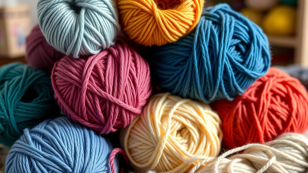 Colorful yarn balls stacked together in natural lighting, showing different textures and weights of yarn from thin to thick, soft focus background of a cozy craft workspace