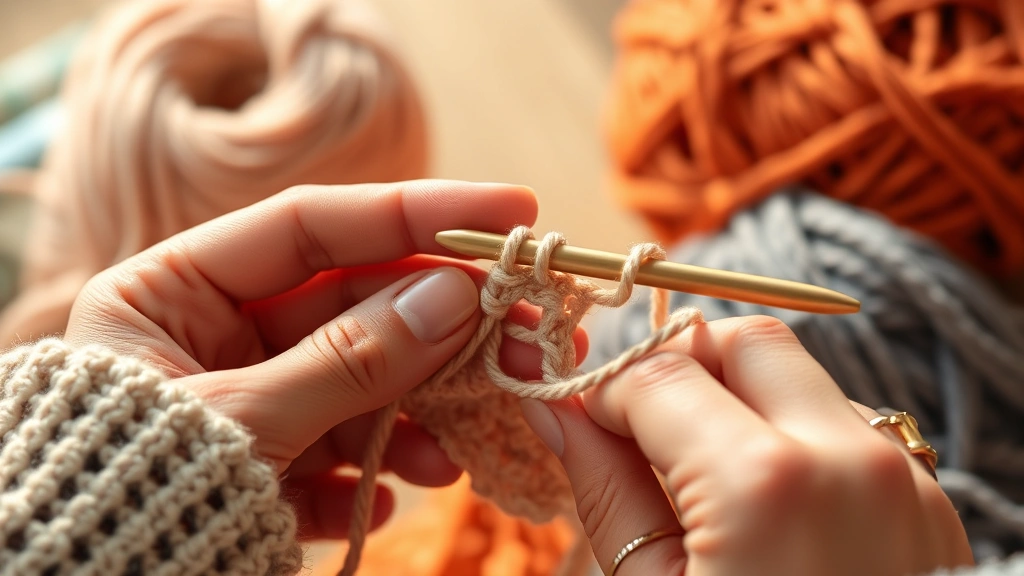 Close-up of hands holding crochet hook working with yarn, showing stitch detail and yarn texture, warm natural lighting with blurred yarn ball in background