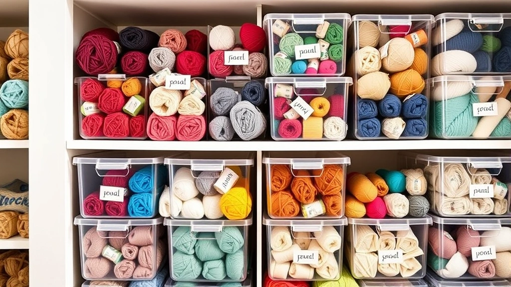Organized yarn stash in clear storage bins on shelves, neatly rolled or balled yarn in various colors and weights, labeled and arranged, bright natural daylight