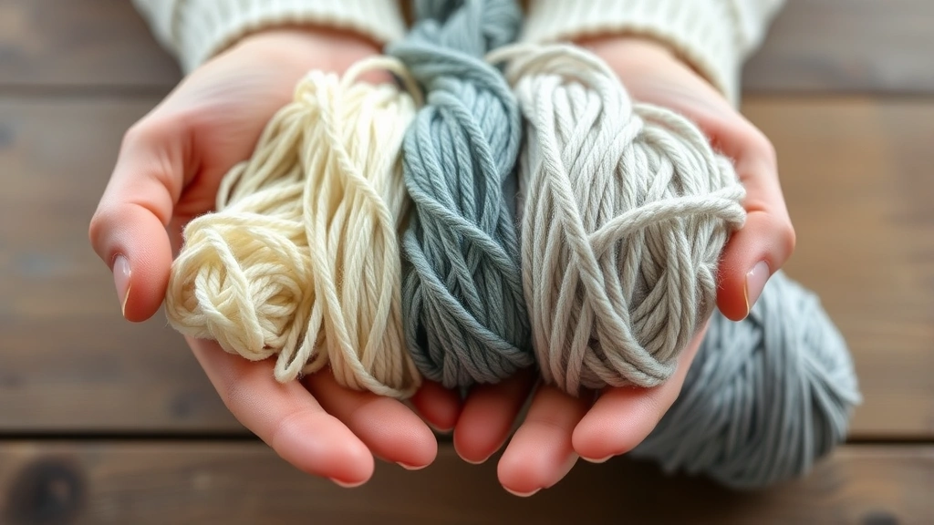 Close-up of hands holding different yarn weights arranged from finest lace to chunky bulky, showing texture and thickness comparison, natural lighting on wooden table
