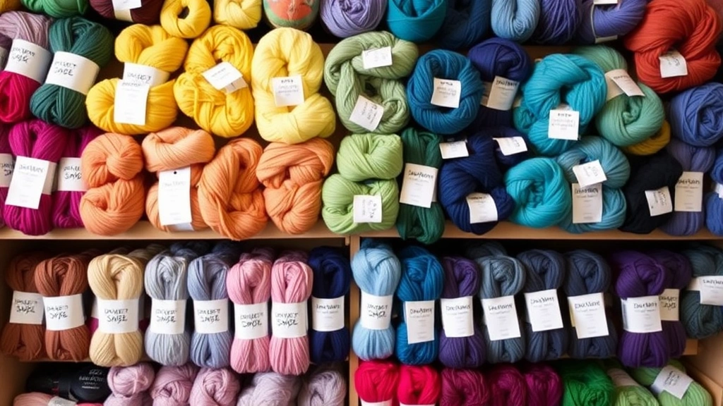 Colorful yarn skeins organized by weight category with visible labels and tags, stacked on shelves in a cozy craft room setting