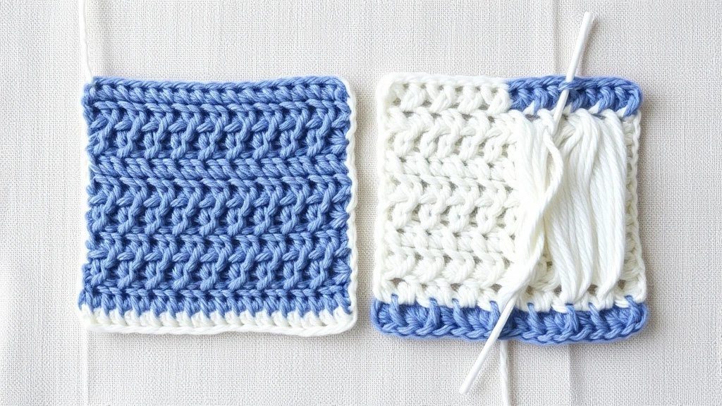 Crocheted fabric swatches displaying different yarn weights side-by-side, showing stitch definition and drape variation, laid on neutral fabric background