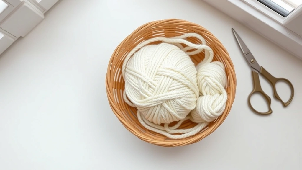 Close-up overhead shot of a light-colored worsted weight yarn in a woven basket next to a size H crochet hook and small scissors on a soft white surface, natural window light, cozy workspace aesthetic