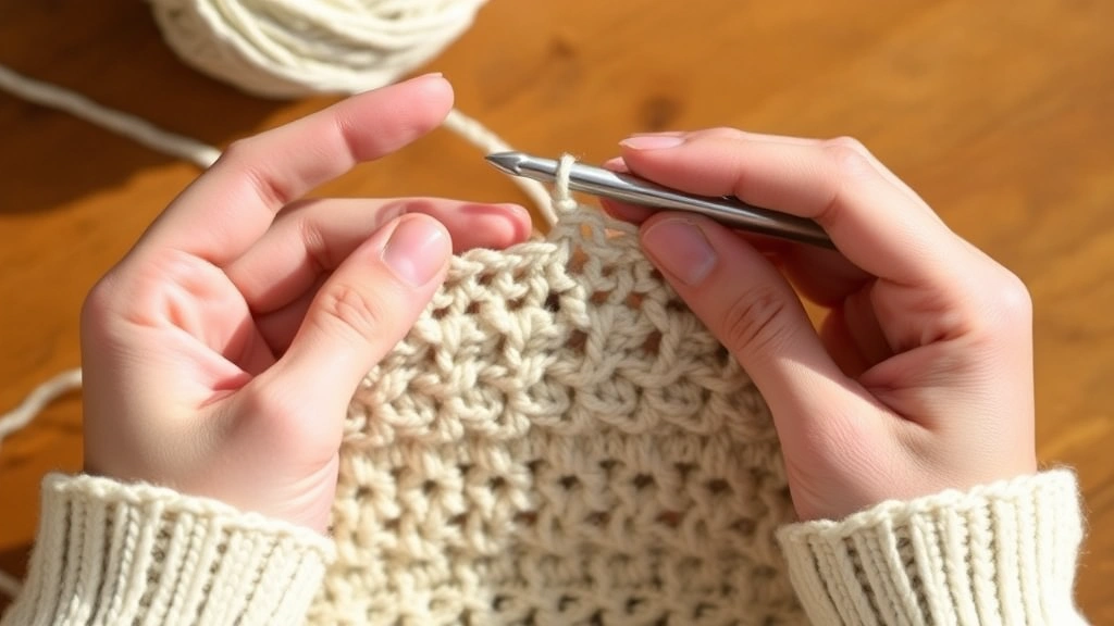 Hands working on a single crochet stitch in progress on a half-finished dishcloth, showing proper hook and yarn positioning, light neutral yarn, clear stitch definition, warm natural lighting