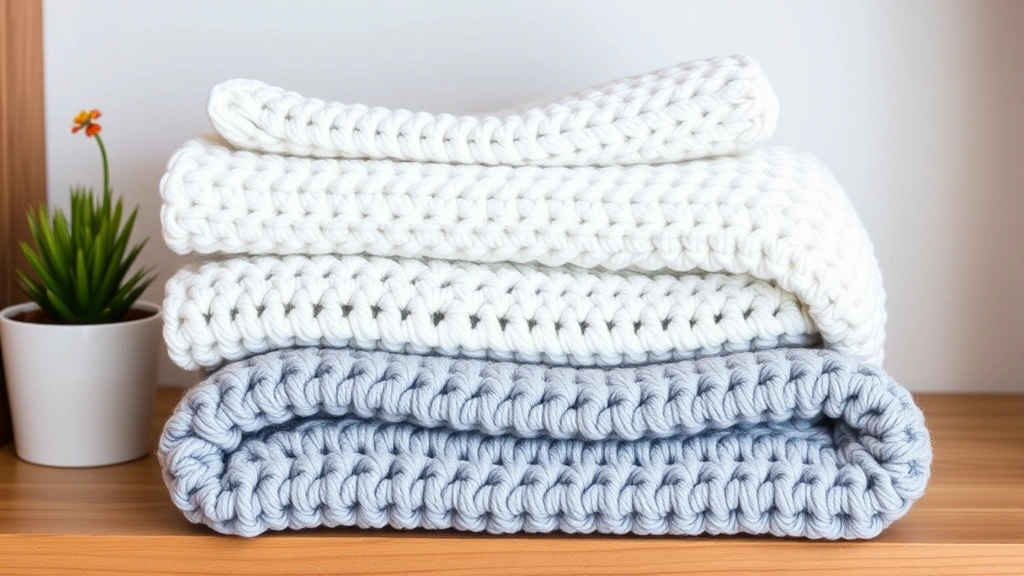 Neatly folded stack of three completed beginner crochet projects—a white dishcloth, a soft gray lap blanket, and a cream-colored beanie—arranged on a wooden shelf with a small potted plant, inviting and accomplished feeling