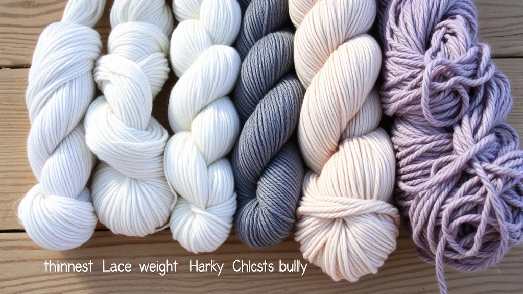 Close-up of five different yarn skeins arranged by thickness from thinnest lace weight to chunky super bulky, showing the dramatic size progression, natural lighting, wooden surface background