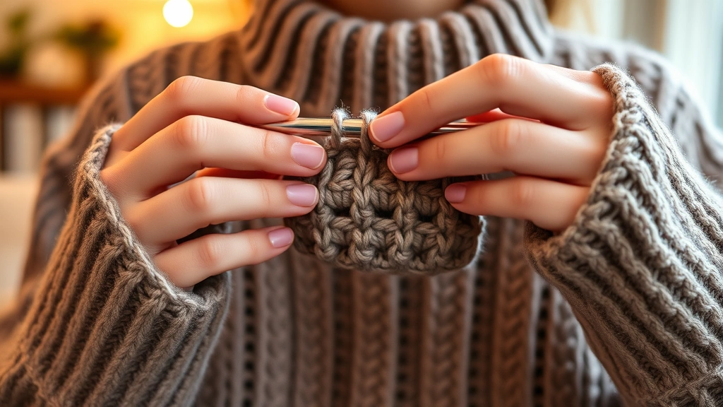 Hands holding a crochet hook working through stitches in medium worsted weight yarn, showing stitch definition and texture, warm indoor lighting, person wearing a cozy sweater