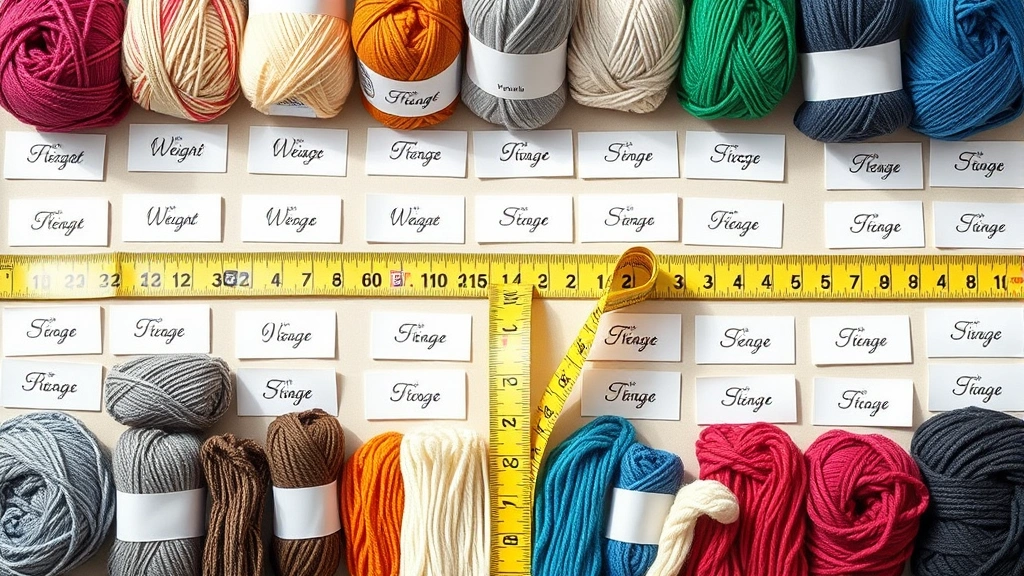 Flat lay of yarn labels and swatches organized by weight category, measuring tape visible, color-coded or arranged for comparison, natural daylight from above