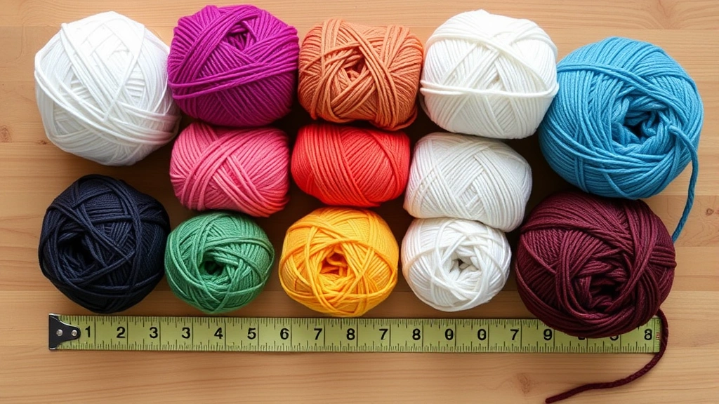 Close-up overhead shot of seven organized yarn balls in a gradient display, each representing different yarn weights from lace-thin to super bulky, arranged on a wooden surface with a measuring tape