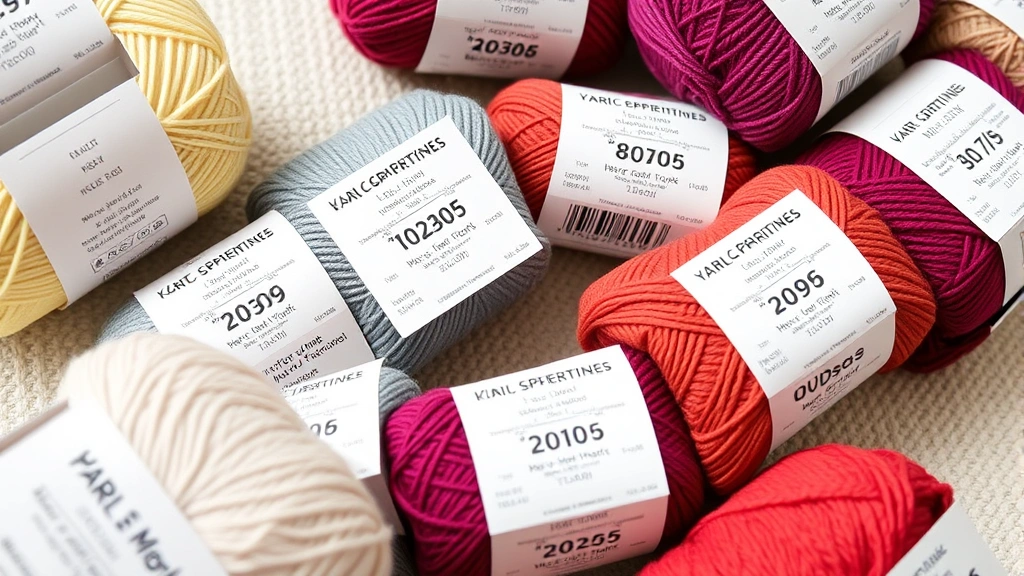 Flat lay of multiple yarn label close-ups showing weight numbers, hook sizes, yardage, and fiber content details, photographed with natural lighting on a neutral background