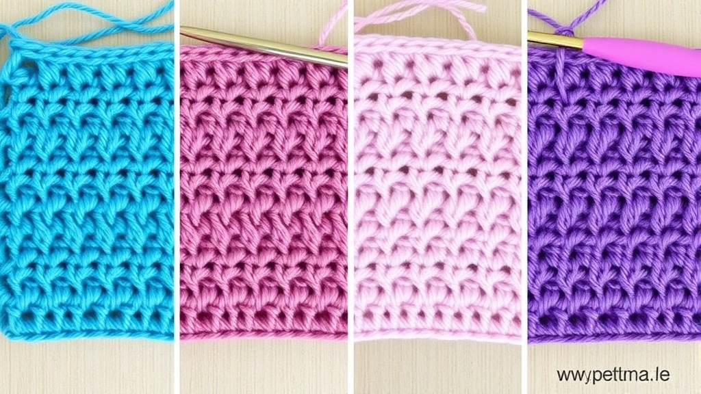 Side-by-side comparison of four crocheted fabric swatches in the same stitch pattern but different yarn weights, showing how drape and density change, displayed with a crochet hook for scale