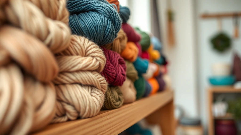 Close-up of colorful yarn skeins stacked neatly on wooden shelf, natural lighting, soft focus background, cozy craft room aesthetic