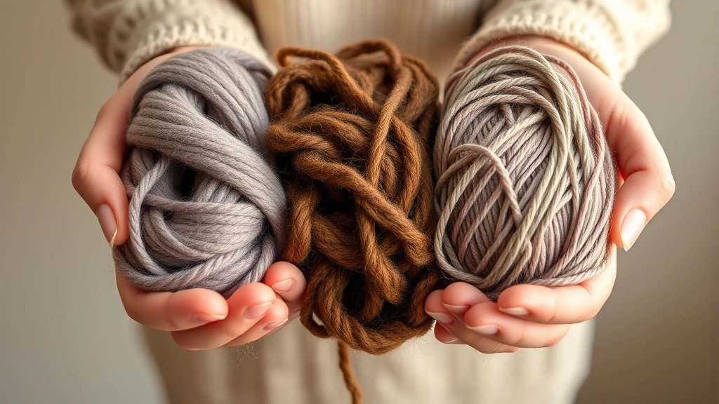 Hands holding different yarn textures—smooth, fuzzy, and variegated—showing fiber comparison, neutral background, warm natural light