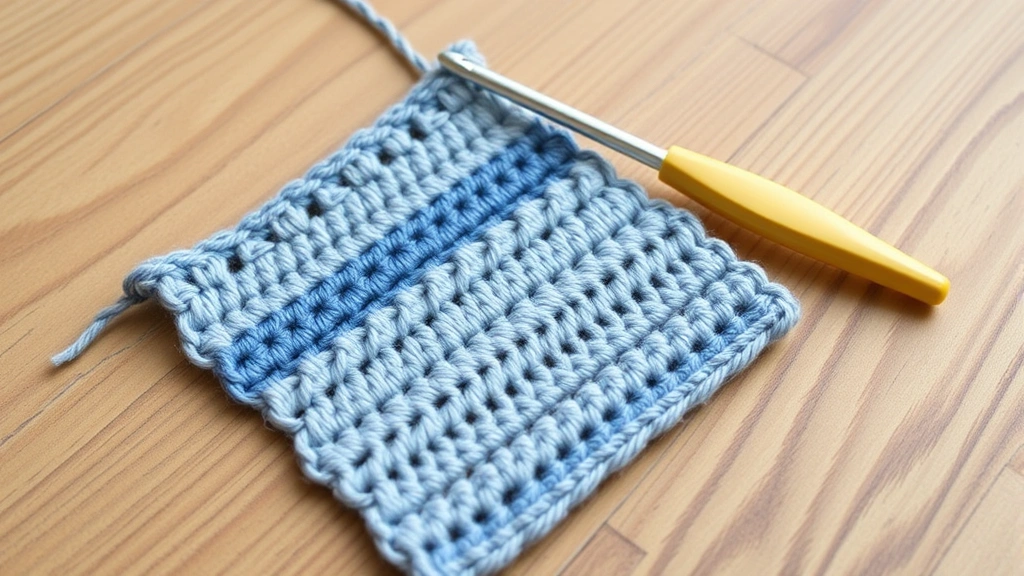 Crocheted gauge swatch with measuring tape and crochet hook on wooden surface, showing stitch detail and texture, natural daylight