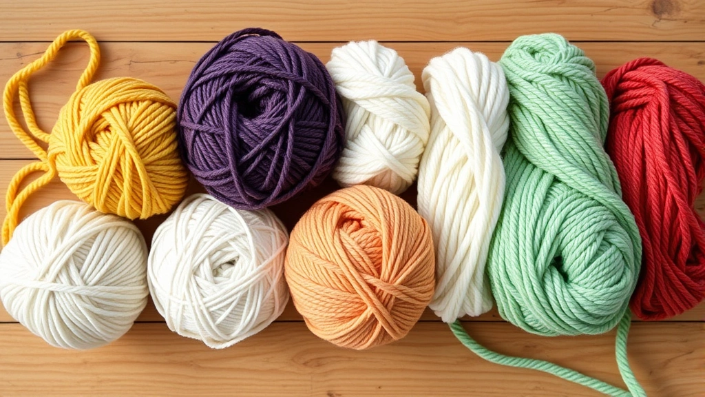 Close-up flat lay of seven different yarn balls arranged by weight from thin lace yarn to thick super bulky yarn, showing color and texture variation, natural lighting on wooden surface