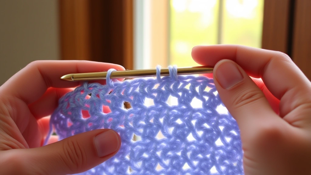 Hands holding a crochet hook with worsted weight yarn mid-stitch, showing clear stitch definition and comfortable tension, warm natural light from window