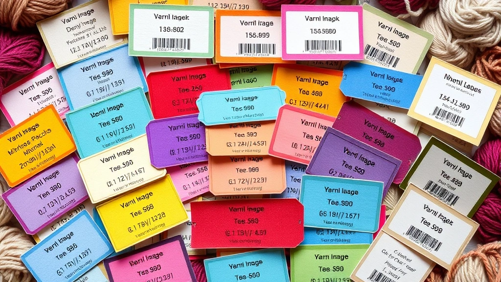 Colorful collection of yarn labels and tags spread out showing weight categories, yardage information, and fiber content details, organized and readable