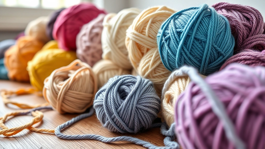 Close-up of colorful yarn balls and skeins arranged neatly on a wooden table, showing various weights and textures from thin to bulky, natural lighting from a window