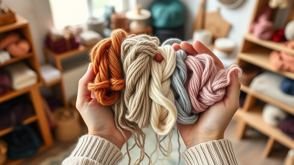 Hands holding different yarn samples in various colors and textures, comparing fiber content and weight, cozy craft room setting with soft daylight