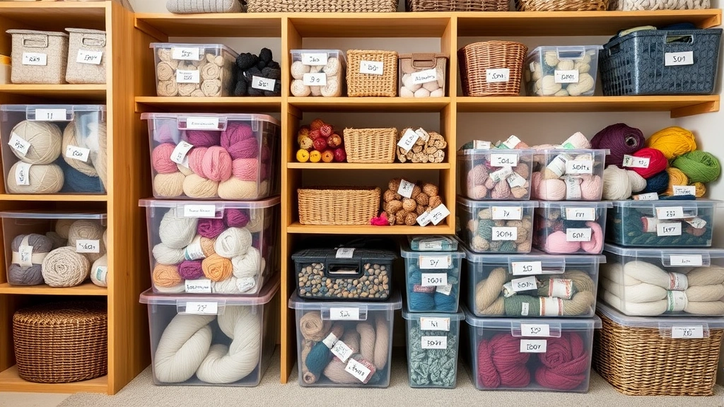 Organized yarn stash in clear storage bins and baskets, labeled with tags showing yarn weight and dye lots, neat craft room with natural wood shelving