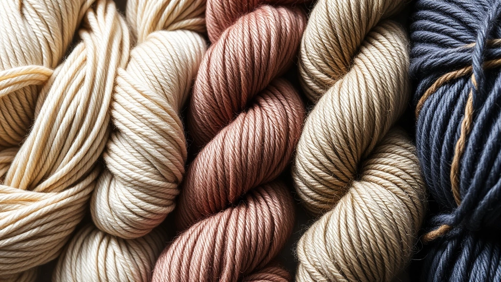 Close-up flat lay of five different yarn skeins arranged by weight category from thin fingering weight to thick super bulky, showing natural color variation and texture differences in natural lighting