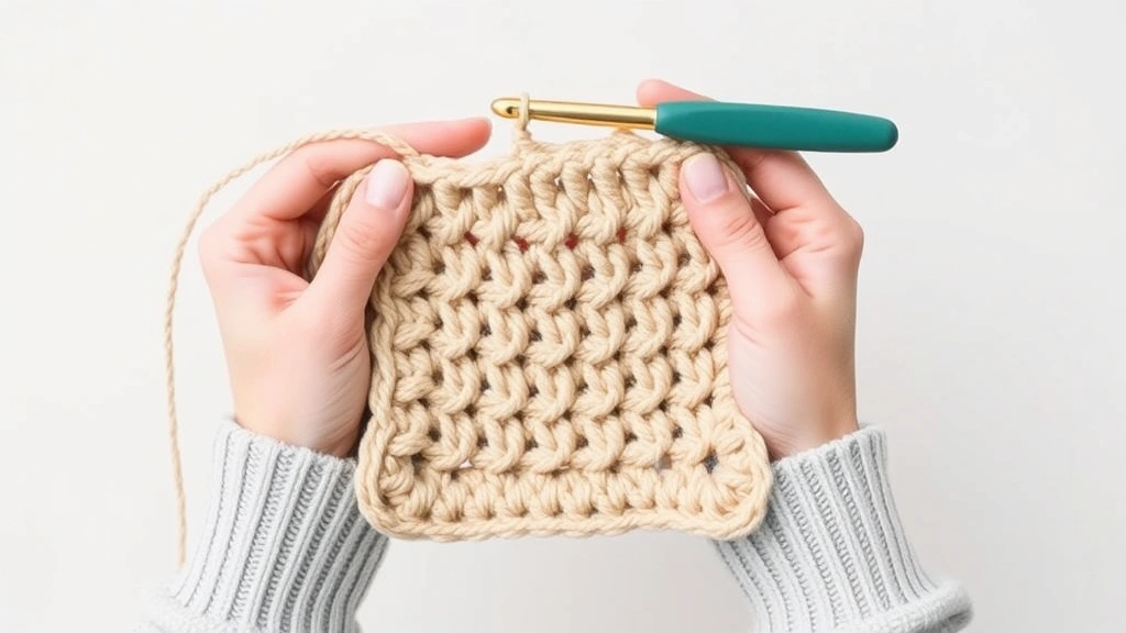 Hands holding a crochet hook with a work-in-progress blanket square in worsted weight yarn, showing clear stitch definition and drape against a neutral background