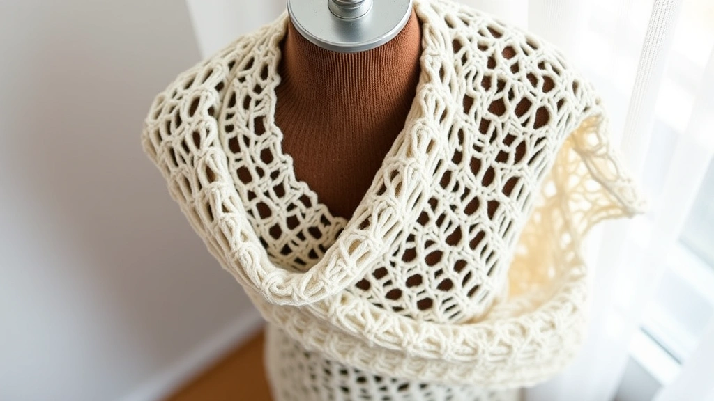 Overhead shot of a crocheted garment draped on a dress form, displaying how yarn weight affects fabric structure and movement, with soft natural window lighting