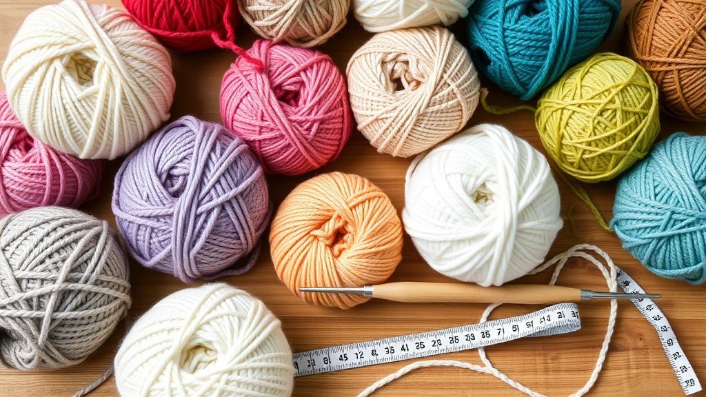 Close-up flat lay of various yarn balls in different colors, weights, and textures arranged on a wooden table with a crochet hook and measuring tape, natural daylight, cozy craft room aesthetic