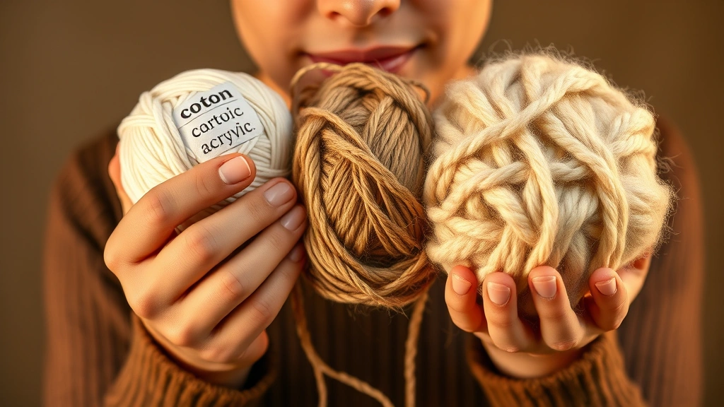 Person's hands holding and testing different yarn textures—smooth cotton, fuzzy acrylic, and soft wool—against their cheek to feel fiber quality, warm studio lighting