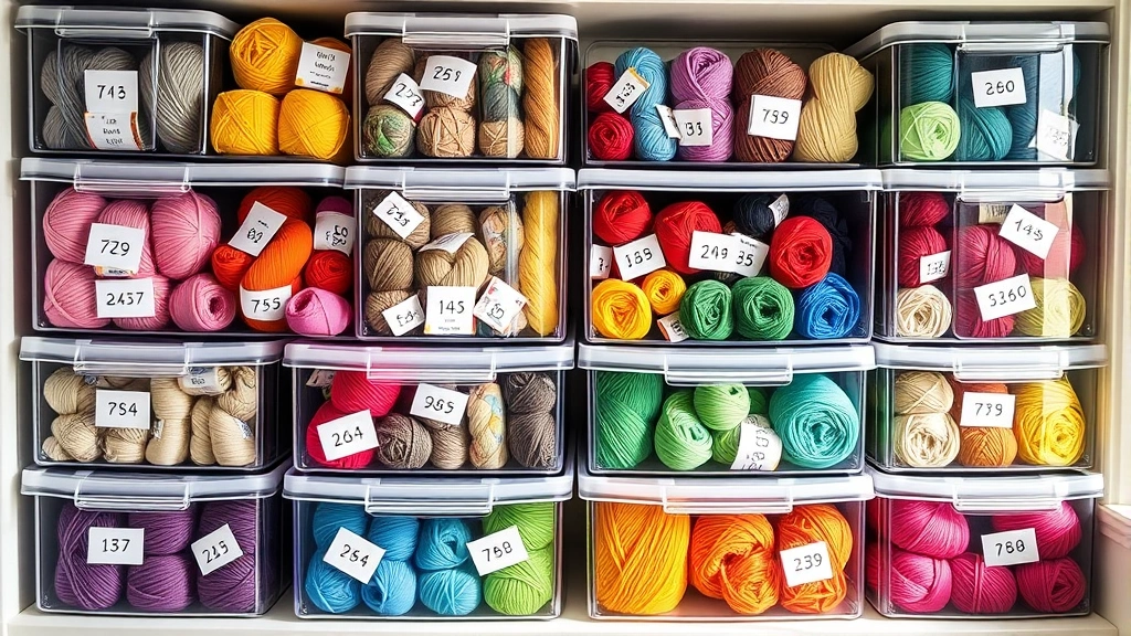 Organized yarn stash in clear storage containers showing labeled balls with dye lot numbers visible, rainbow of colors, bright natural lighting from window, home craft space
