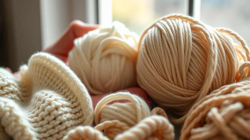Detailed close-up of hands gently holding and examining different yarn textures including chunky wool, smooth cotton, and soft acrylic yarn in natural daylight from a window